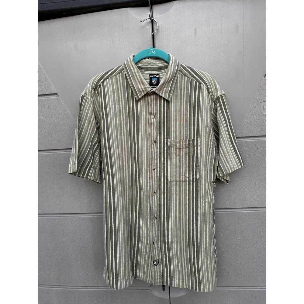 KUHL Mens Short Sleeve Button Up Shirt Green Striped Sz M Cotton Summer Hiking